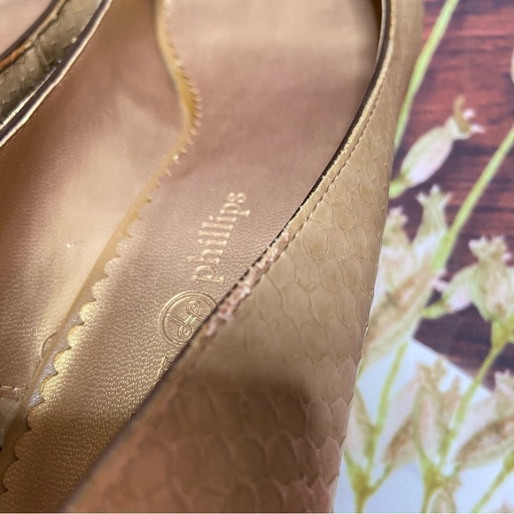 LINDSAY Phillips Courtney Tan Python Peep Toe Wedge Heels 8m - Picture 13 of 14